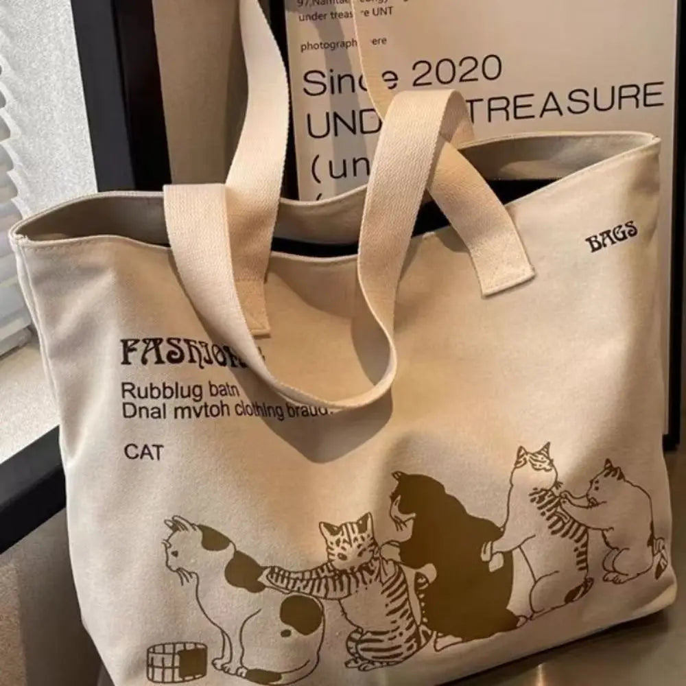 Cute Cat Print Canvas Tote Bag – Casual Everyday Shoulder Bag