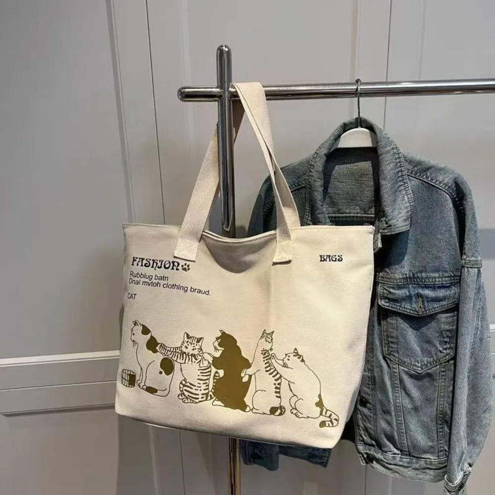 Cute Cat Print Canvas Tote Bag – Casual Everyday Shoulder Bag