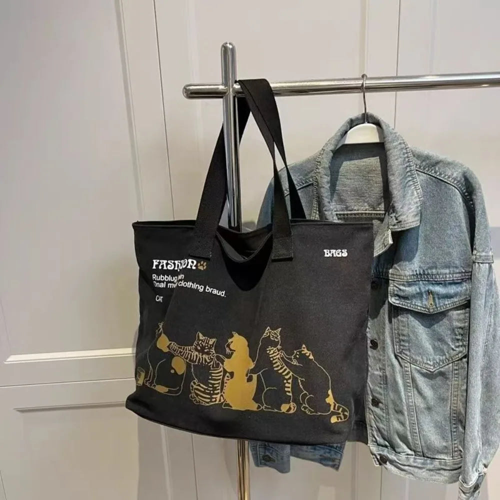 Cute Cat Print Canvas Tote Bag – Casual Everyday Shoulder Bag