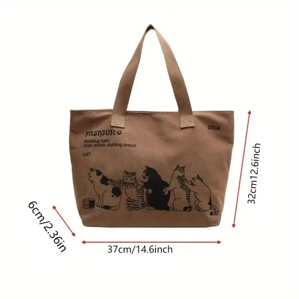 Cute Cat Print Canvas Tote Bag – Casual Everyday Shoulder Bag