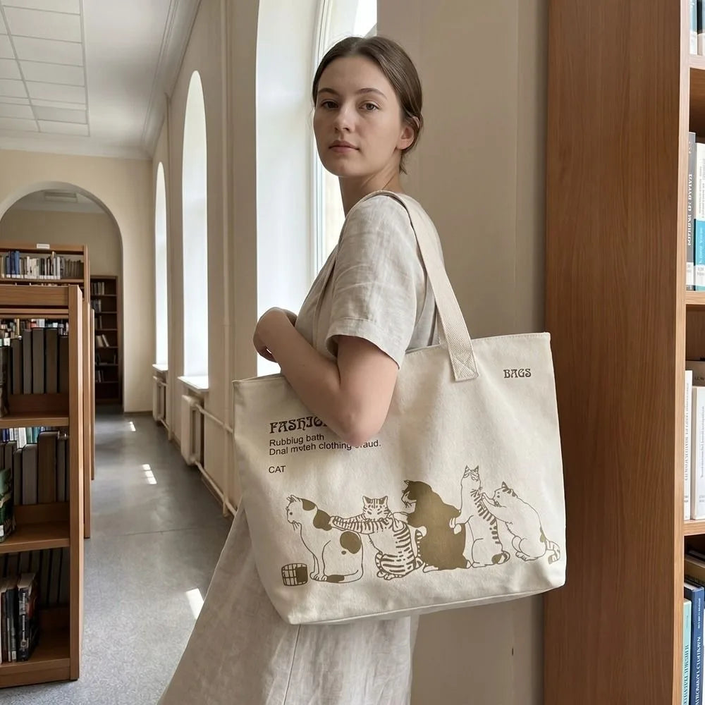 Cute Cat Print Canvas Tote Bag – Casual Everyday Shoulder Bag