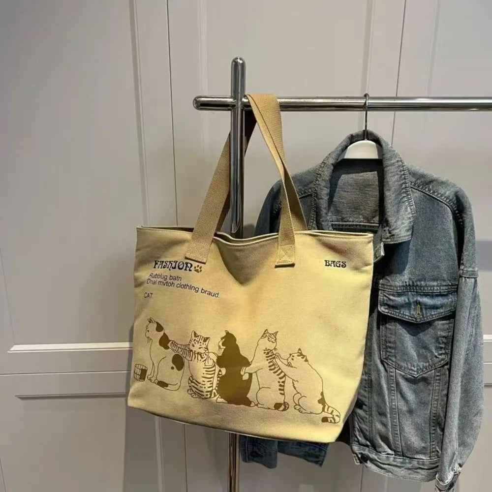Cute Cat Print Canvas Tote Bag – Casual Everyday Shoulder Bag