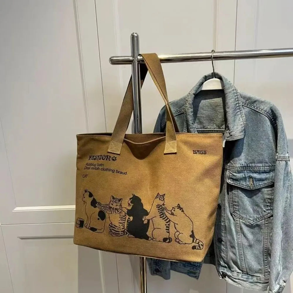 Cute Cat Print Canvas Tote Bag – Casual Everyday Shoulder Bag